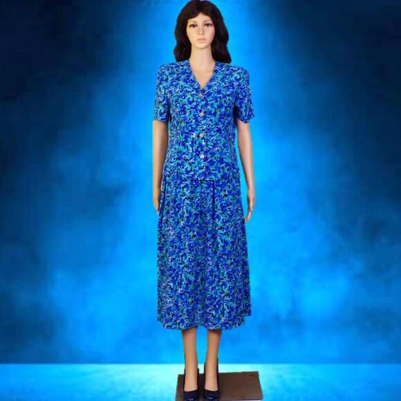 JESSICA HOWARD PETITE size 10P blue/green/white floral 2-piece set blouse/skirt - Picture 1 of 11